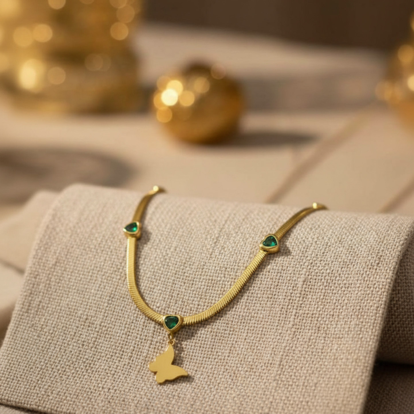 gold plated butterfly green stone necklace