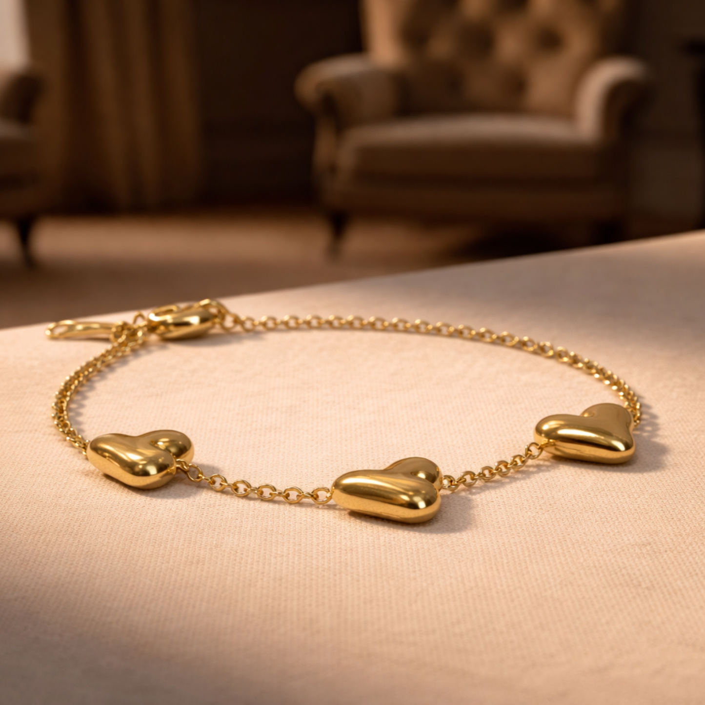 gold plated three hearts chain bracelet