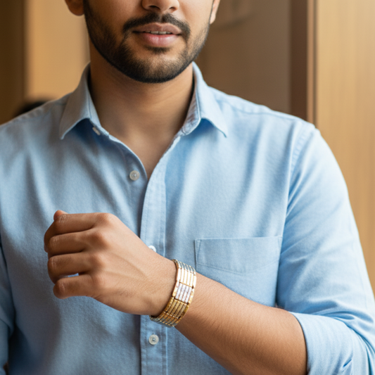 Gold Plated Horizontal Line Pattern Bracelet