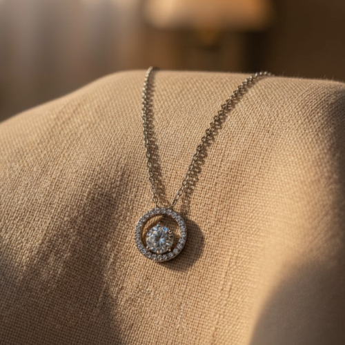 Silver Plated Radiant Circle Solitaire Pendant Necklace