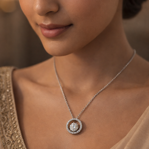 Silver Plated Radiant Circle Solitaire Pendant Necklace