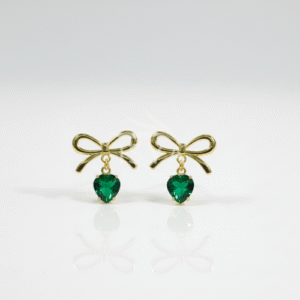 Gold Plated Bow Earrings ( Green & White Stone)